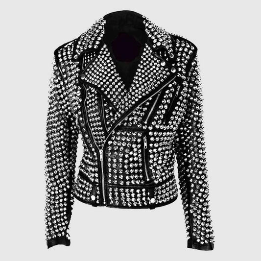 Silver Studded Cowhide Leather Moto Jacket