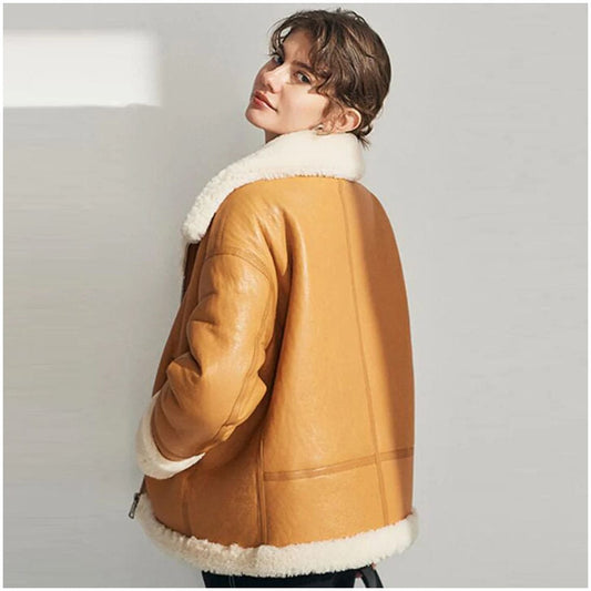 Womens Shearling Coat in Khaki with Lapel Collar