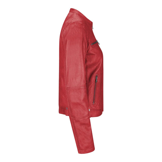 Women's Leather Jacket Short Fitted Red Chinese Collar
