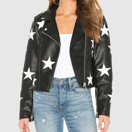 Women Black Biker Short Motorcycle Leather Jacket