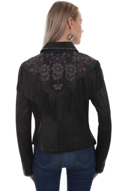 Womens flower embroidery Vintage Black Suede Fringe Jacket