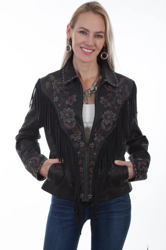 Womens Vintage Black Suede Fringe embroidery Jacket