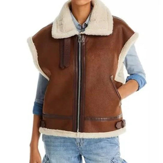 Brown leather vest with white fur lining worn by a person on a white background