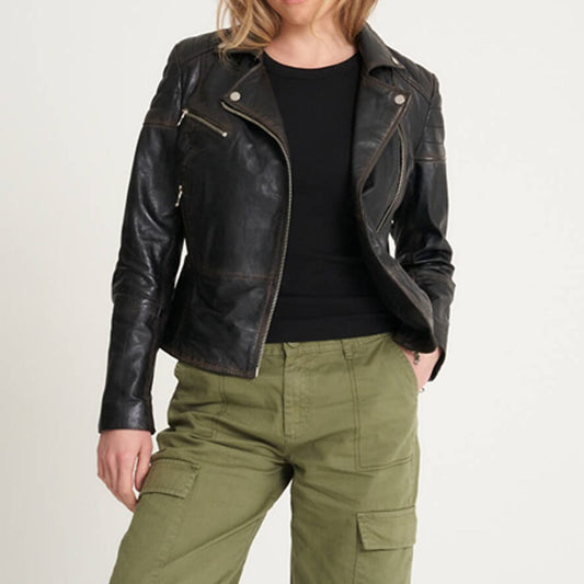 Washed Clara Leather Biker Jacket