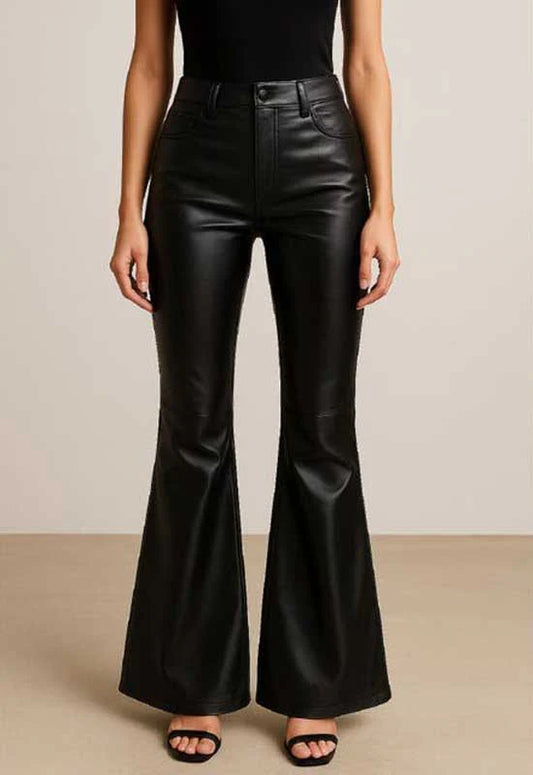 Womens Black High Waist Leather Flare Pants