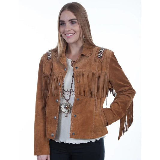 A woman modeling a brown suede fringe jacket with decorative embroidered details on the shoulders, worn over a white top and black pants against a plain white background.