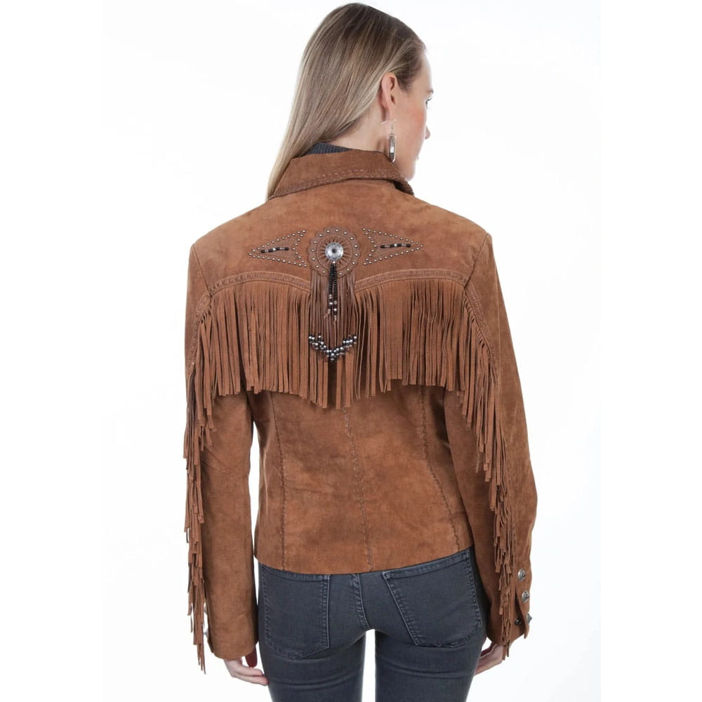 A woman shown from the back wearing a brown suede fringe jacket with western-style embroidery and beadwork on the shoulders, paired with dark gray jeans, against a plain white background.