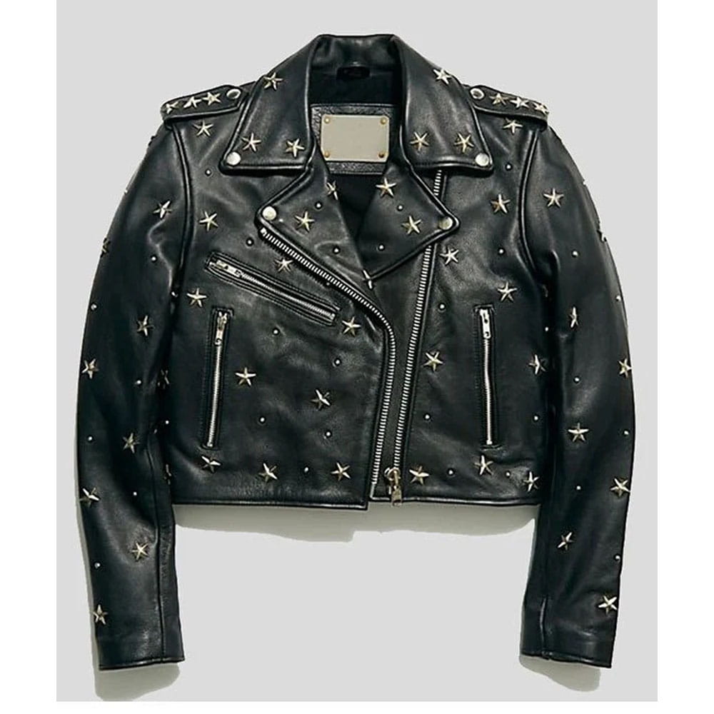 Black leather moto jacket embellished with silver star-shaped studs, displayed flat against a light gray background.