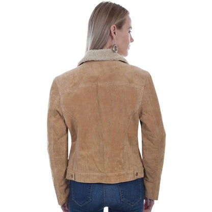 A woman shown from the back wearing a tan suede jacket with a light beige sherpa collar, paired with blue jeans, against a plain white background.
