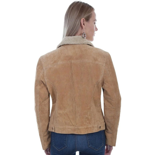 A woman shown from the back wearing a tan suede jacket with a light beige sherpa collar, paired with blue jeans, against a plain white background.
