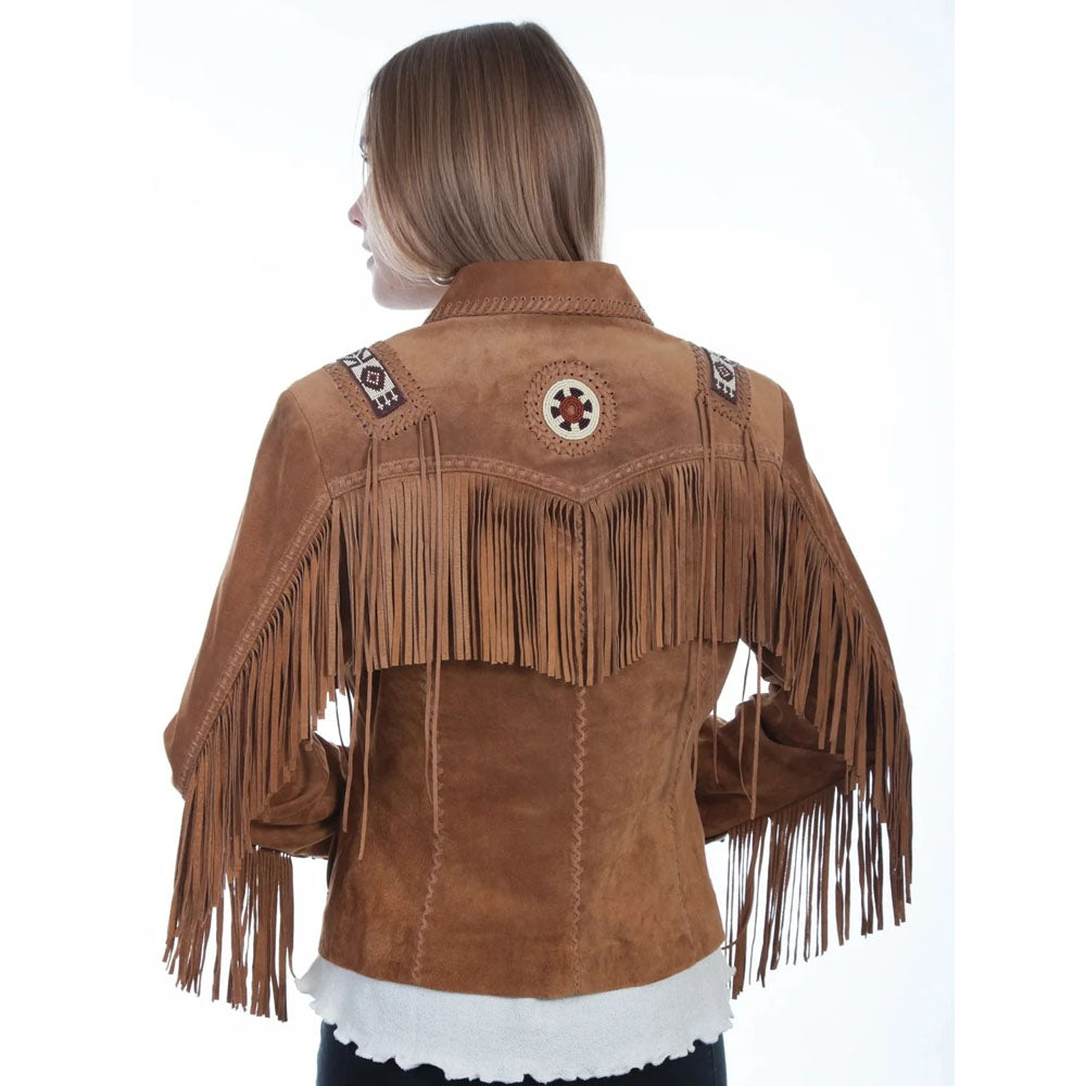 A woman shown from the back wearing a brown suede fringe jacket with decorative embroidered patches on the shoulders and a circular patch on the back, photographed against a plain white background.