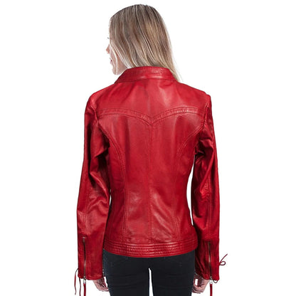 A woman viewed from the back wearing a bright red leather jacket with side tie details and black pants, set against a plain white background.