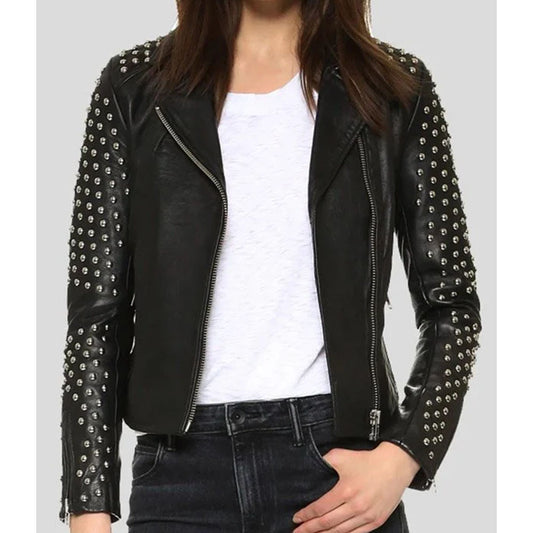 Womens Studded Black Leather Motorcycle Jacket