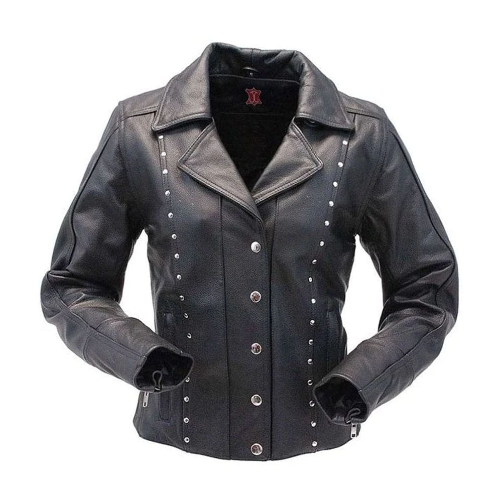 Black leather motorcycle jacket with silver studs and snap buttons, shown on a plain white background.