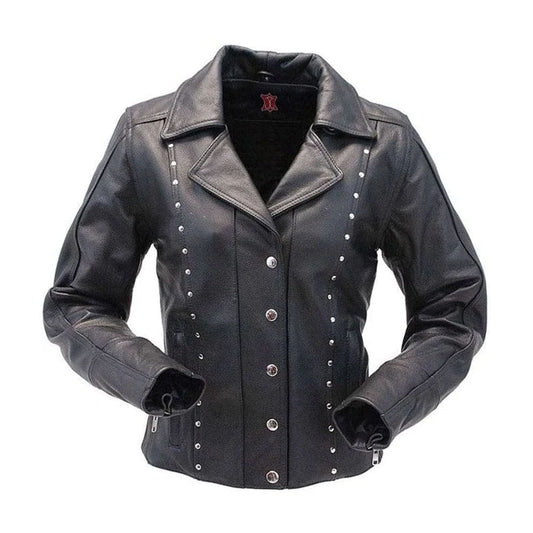 Black leather motorcycle jacket with silver studs and snap buttons, shown on a plain white background.