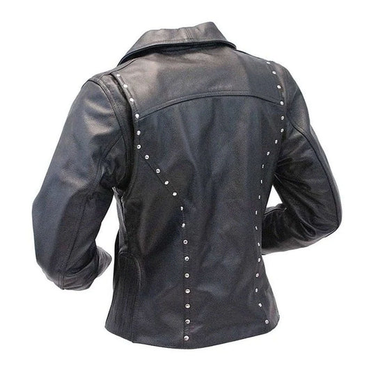 Black leather jacket shown from the back, featuring silver metal studs arranged in vertical lines down the center back and along the shoulder seams, set against a plain white background.