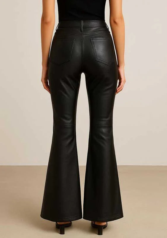 Womens Black High Waist Leather Flare Pants
