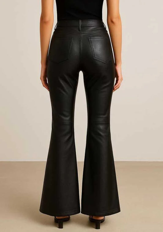 Womens Black High Waist Leather Flare Pants