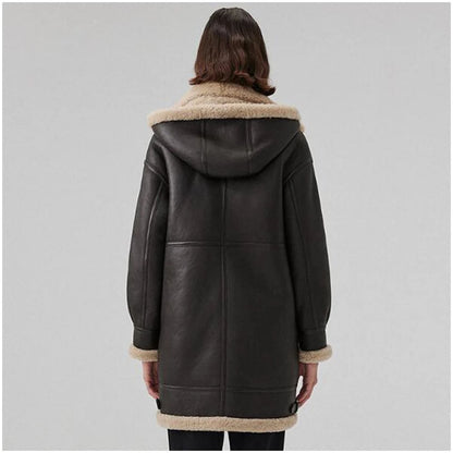 Womens Brown Sheepskin Shearling Coat Mid Length with Hood