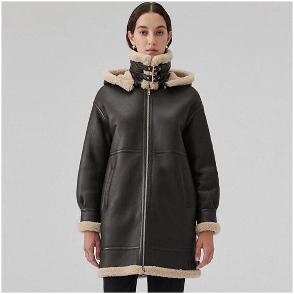 Womens Brown Sheepskin Shearling Coat Mid Length with Hood
