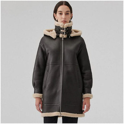Womens Brown Sheepskin Shearling Coat Mid Length with Hood