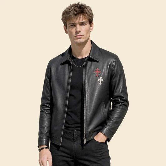 Men Black Gothic Leather Biker Jacket with Cross Patch Zip Up Style