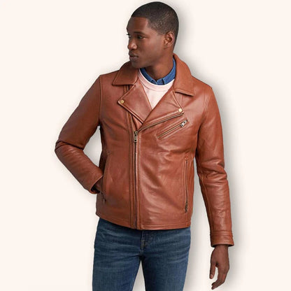 Men's Tan Brown Leather Biker Jacket