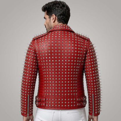 Shop our men's red genuine leather biker jacket. Features bold spiked studded punk rock details. Premium quality, edgy style, and free shipping.