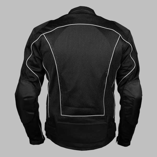 Black mesh motorcycle jacket shown from the back, featuring white contrast stitching and protective padding on the shoulders and elbows, set against a solid gray background.