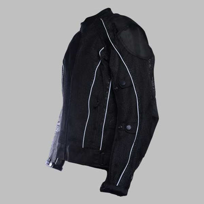 Black motorcycle jacket with white reflective piping details, shown from a side profile view against a solid gray background.
