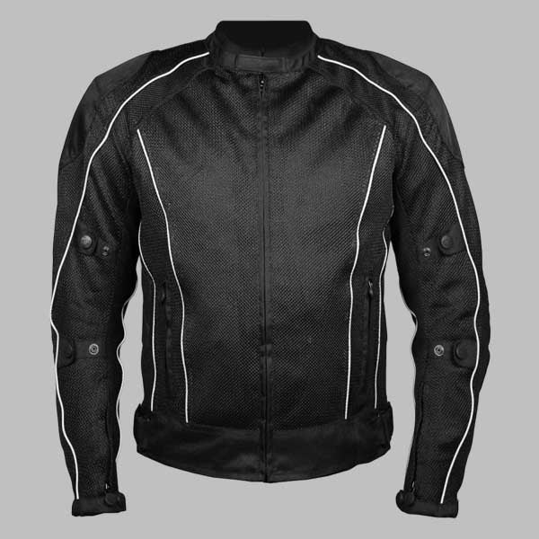 A black mesh motorcycle jacket with white contrast piping details running along the shoulders, sides, and sleeves, shown against a solid gray background.