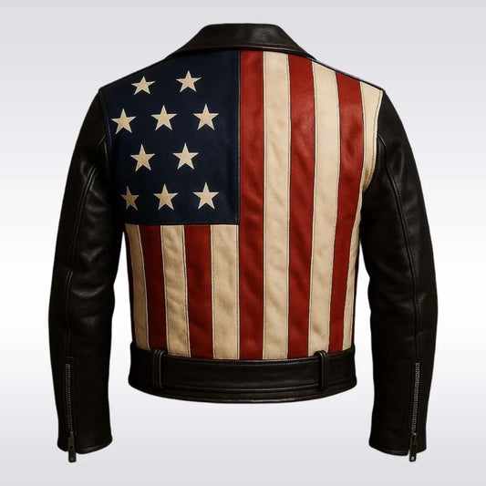A black leather jacket shown from the back, featuring a large American flag design with red and cream stripes and a navy blue field with cream stars.