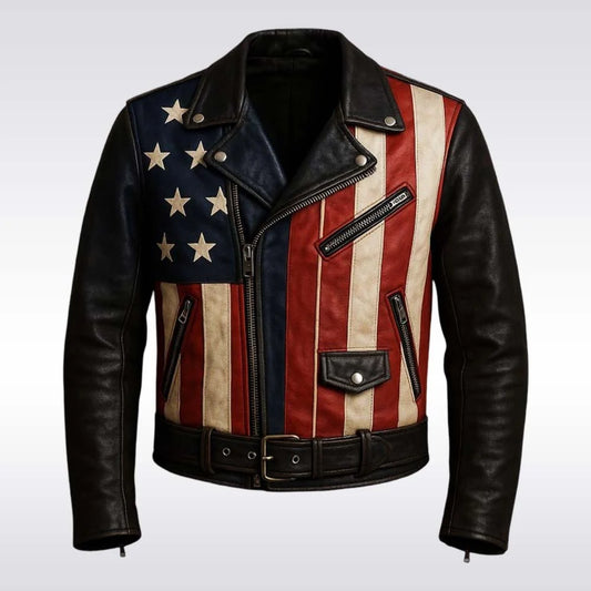 A black leather biker jacket featuring a distressed American flag print on the front panels with red, white, and blue stripes and white stars.