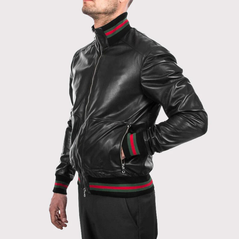 Men's Black Lambskin Bomber Leather Jacket