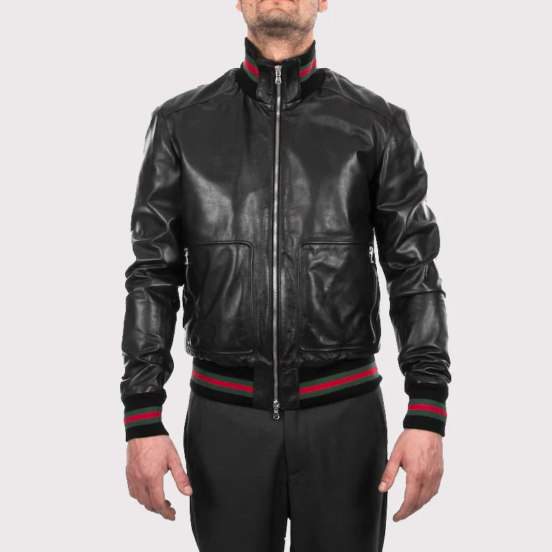 Men's Black Lambskin Bomber Leather Jacket