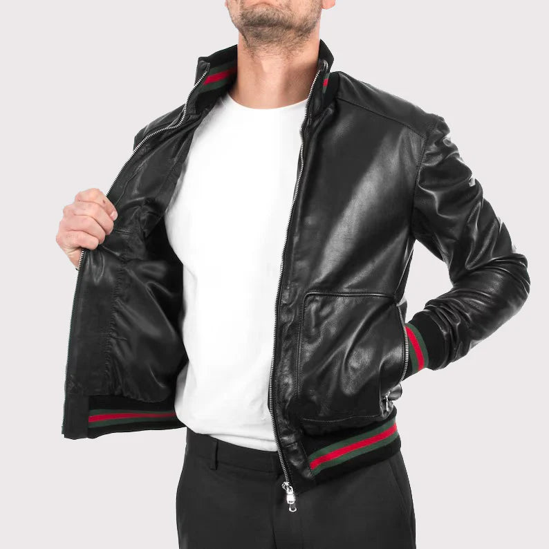 Men's Black Lambskin Bomber Leather Jacket