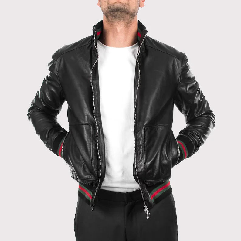 Men's Black Lambskin Bomber Leather Jacket