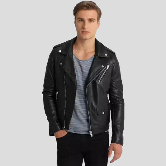 Man wearing a black leather jacket on a gray background