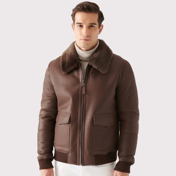 Stylish Men's Brown Shearling Bomber Jacket
