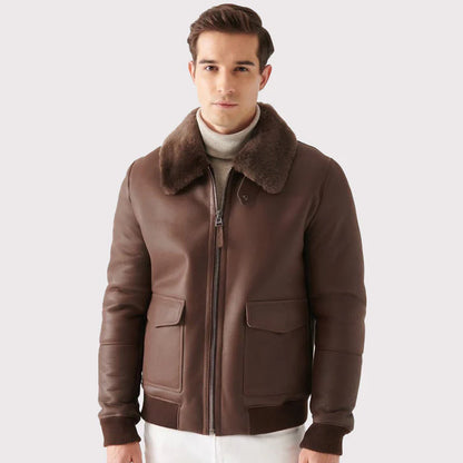 Stylish Men's Brown Shearling Bomber Jacket
