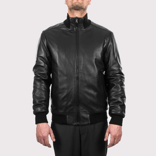 Black leather jacket worn by a person on a white background