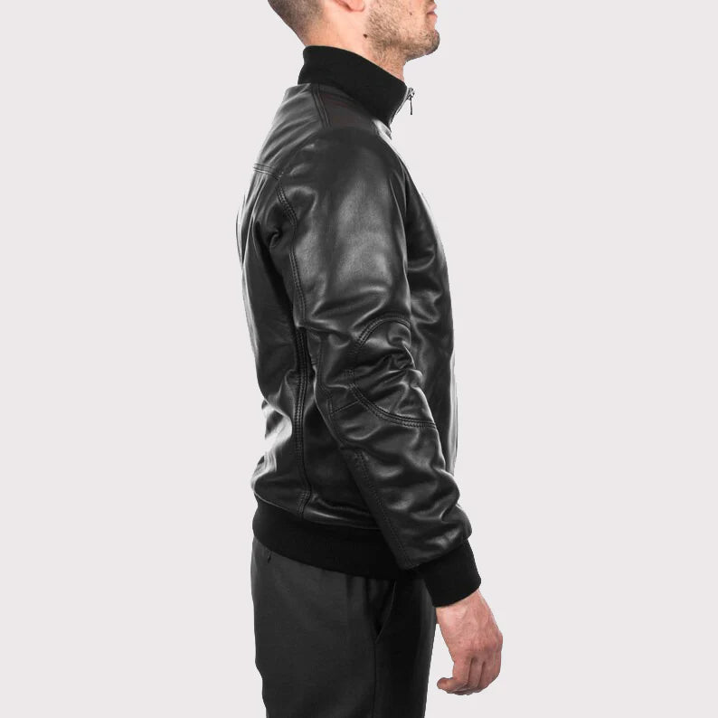 Men's Comfortable Fit Black Lambskin Leather Bomber Jacket