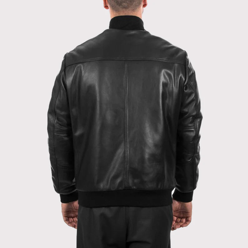Men's Comfortable Fit Black Lambskin Leather Bomber Jacket
