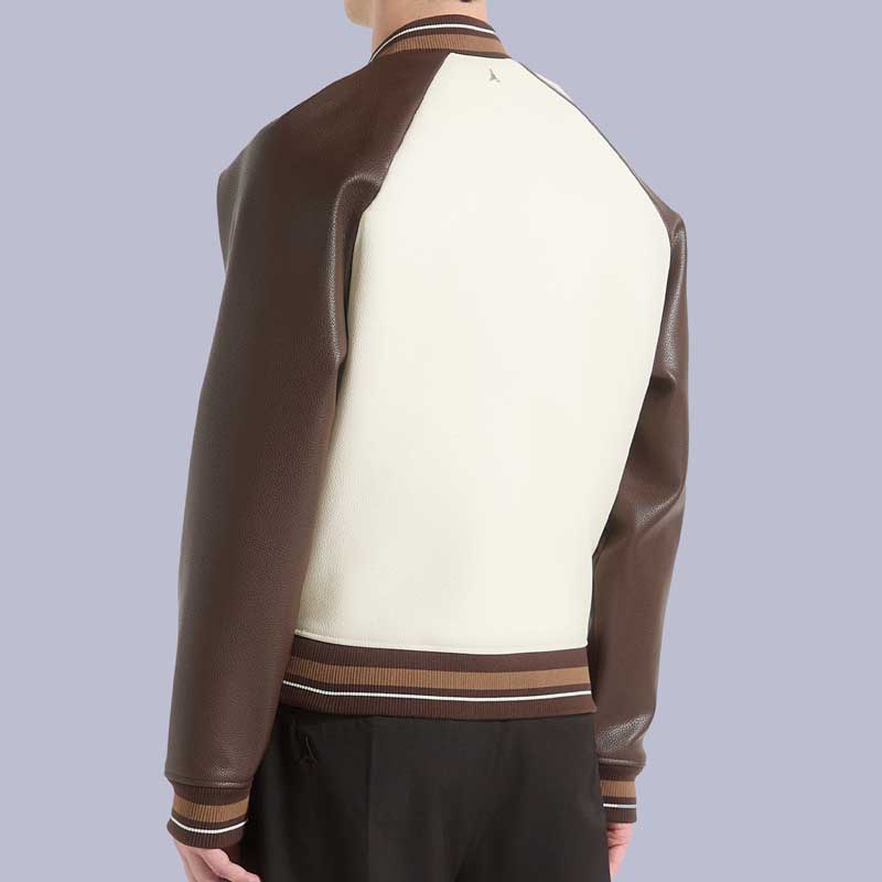 Men's Cream Brown Contrast Leather Bomber Jacket