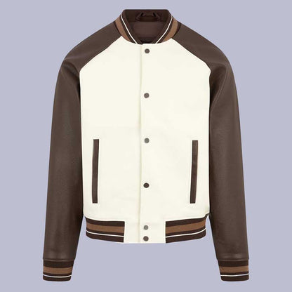Men's Cream Brown Contrast Leather Bomber Jacket