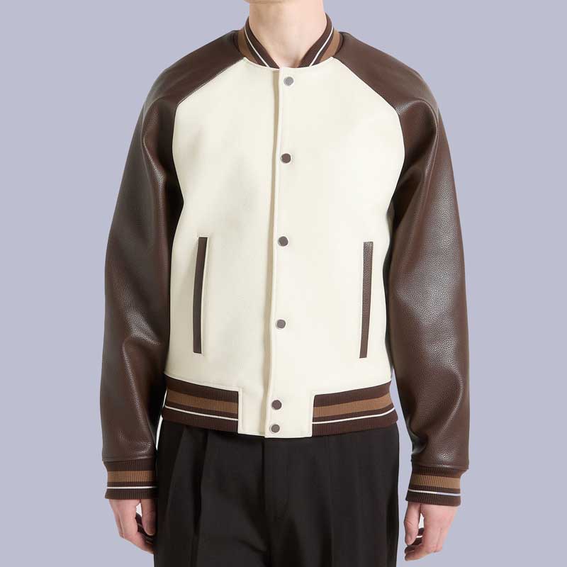 Men's Cream Brown Contrast Leather Bomber Jacket
