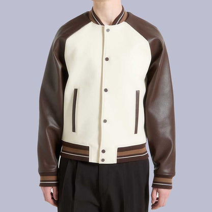 Men's Cream Brown Contrast Leather Bomber Jacket