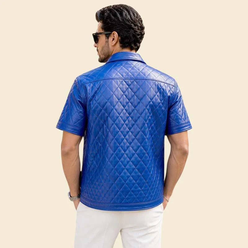 Men Royal Blue Lambskin Leather Quilted Streetwear Shirt Jacket Snap Button Style