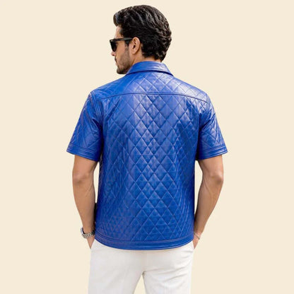 Men Royal Blue Lambskin Leather Quilted Streetwear Shirt Jacket Snap Button Style