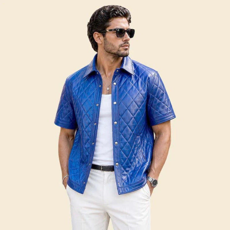 Men Royal Blue Lambskin Leather Quilted Streetwear Shirt Jacket Snap Button Style